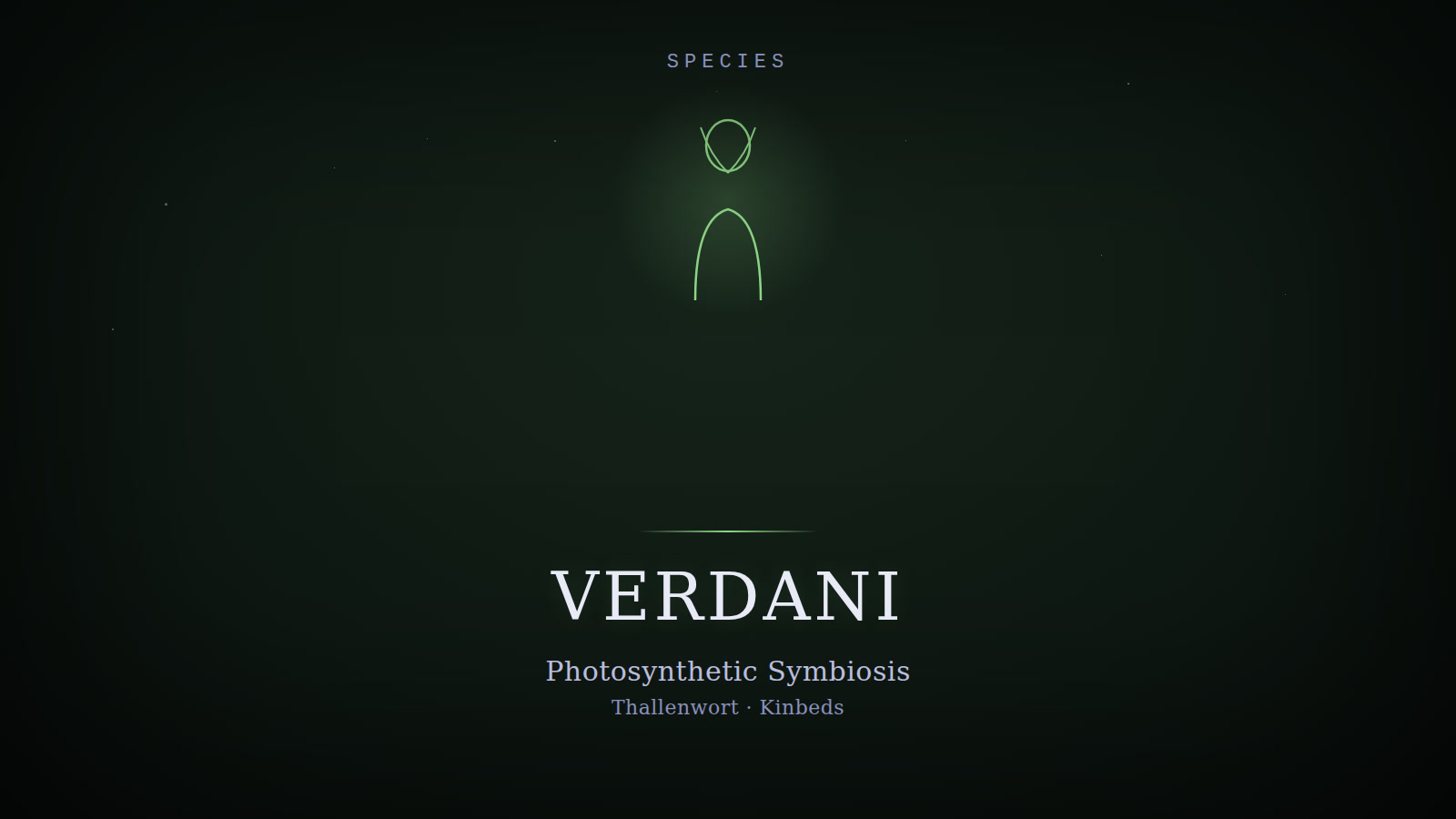 Designed cover for Verdani: a green plant-humanoid silhouette on a dark background, evoking photosynthetic symbiosis rather than a warrior figure.
