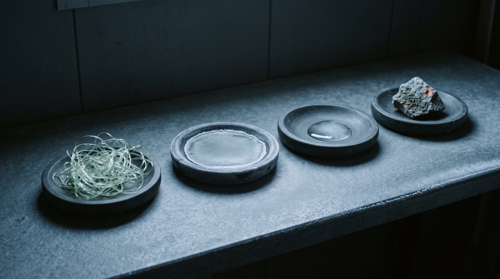 Four shallow dishes of dark stone in a row on a frosted grey bench, lit coldly from one side: a loose tangle of pale green glassy filament in the first, a flat disc rimmed with frost in the second, a single clear rounded drop in the third, and in the fourth a chip of grey rock crusted with grey-green growth and one small orange patch.