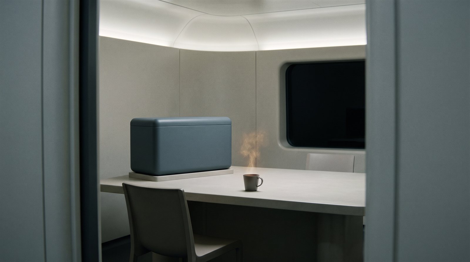 A small plain room seen through a doorway at night: a pale table with an empty chair on the near side, and across from it a smooth, featureless blue-grey box the size of a travelling chest resting on a low slab, with a mug set on the table in front of it and a thread of warm-coloured steam rising. A dark window is behind, and the back of a second chair shows at the far end of the table.