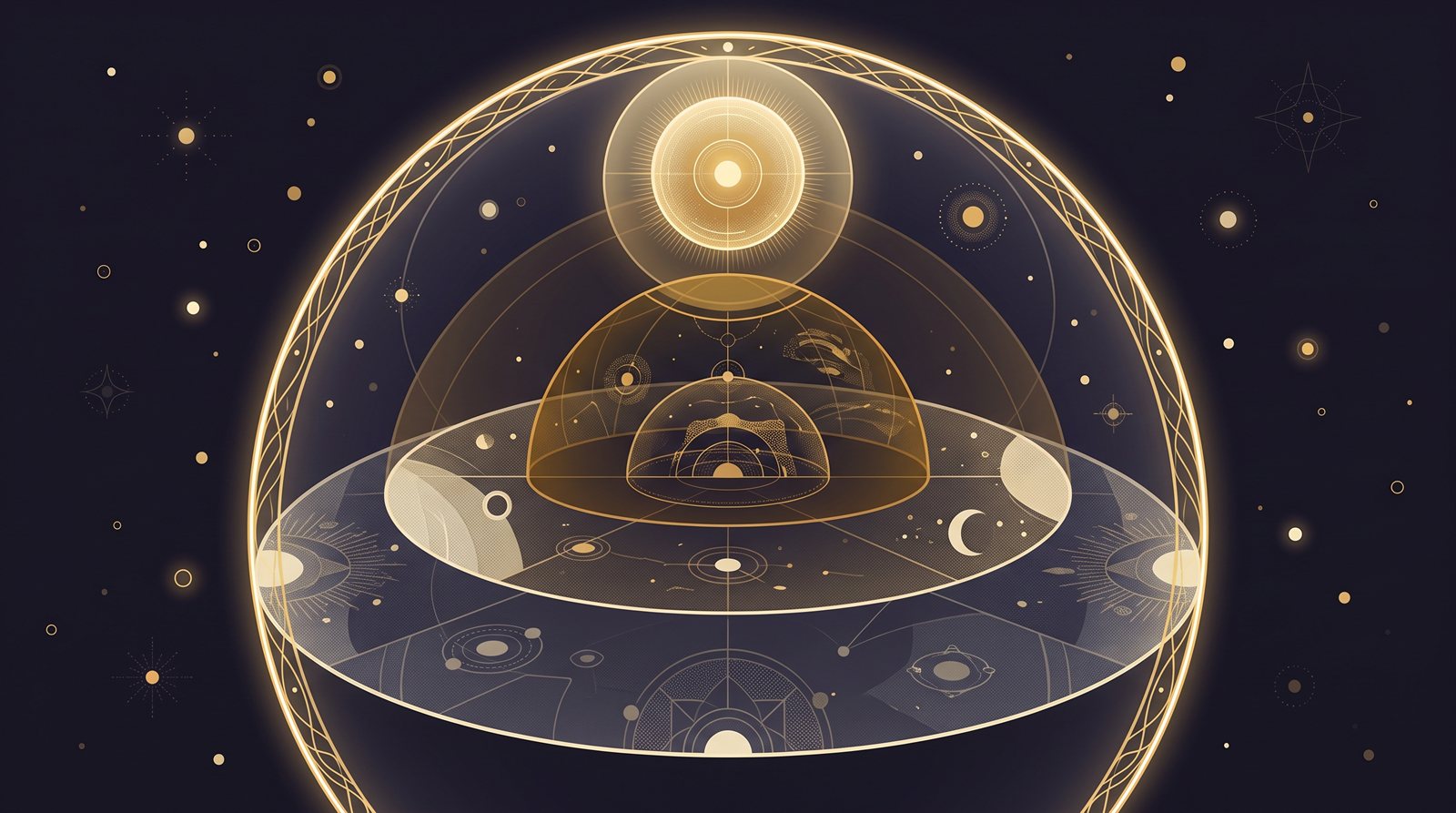 An abstract diagram of nested translucent spheres and rings drawn in gold against a dark starfield