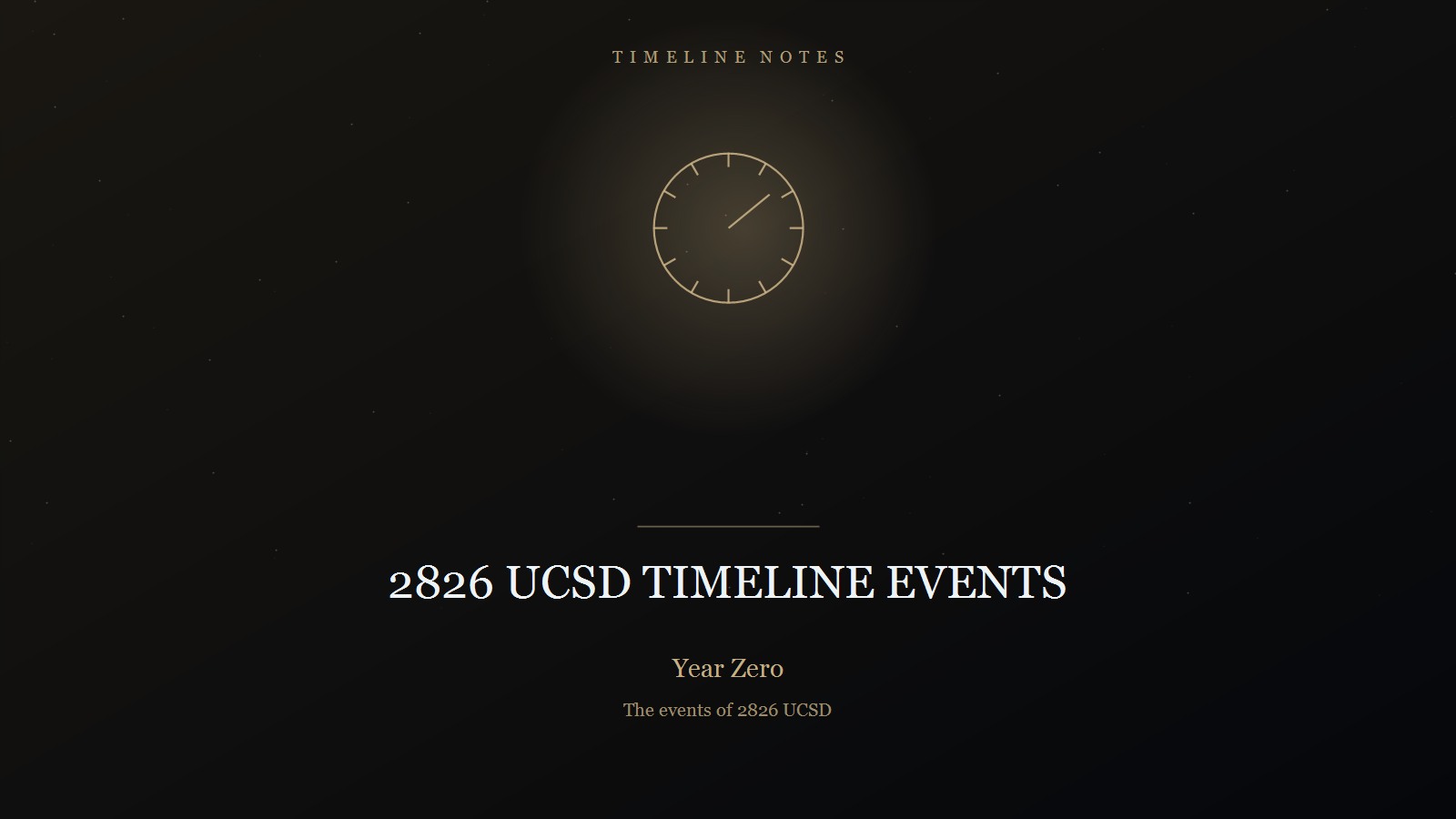 Designed cover for 2826 UCSD Timeline Events: a sundial device, a circle with tick marks and a single hand, in a warm amber glow on a near-black field, the category TIMELINE NOTES above and the title beneath, with the lines Year Zero and The events of 2826 UCSD.