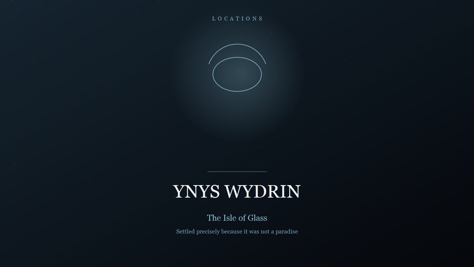 Designed title card on a dark blue-teal star field: the category LOCATIONS in spaced capitals at the top, a thin arc curving over an ellipse in a soft glow, and below a short rule the title YNYS WYDRIN in pale serif capitals, subtitled 'The Isle of Glass' and 'Settled precisely because it was not a paradise'.